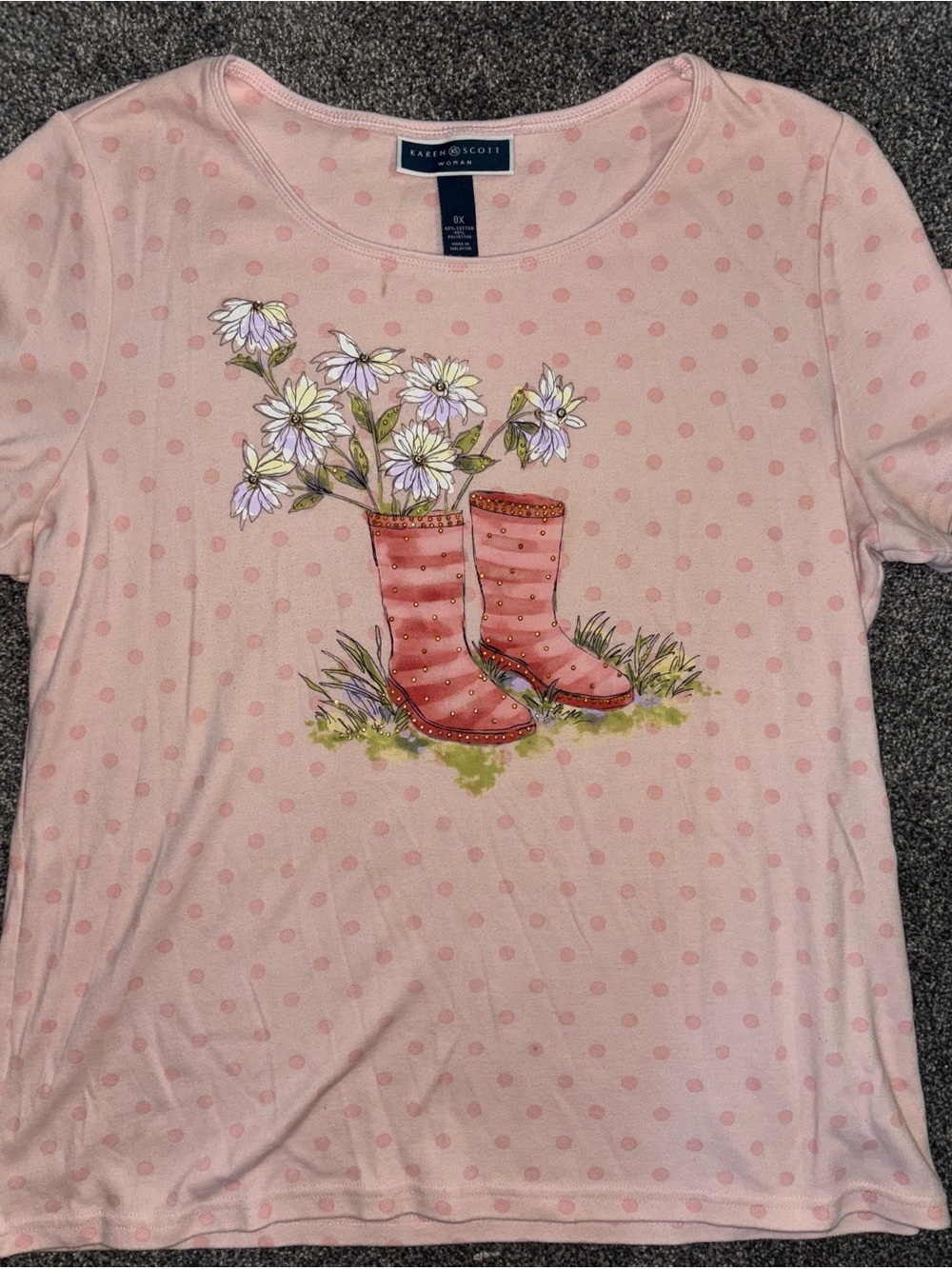 Karen Scott Pink Polka Dot Tee with Rain Boot & Daisy Graphic